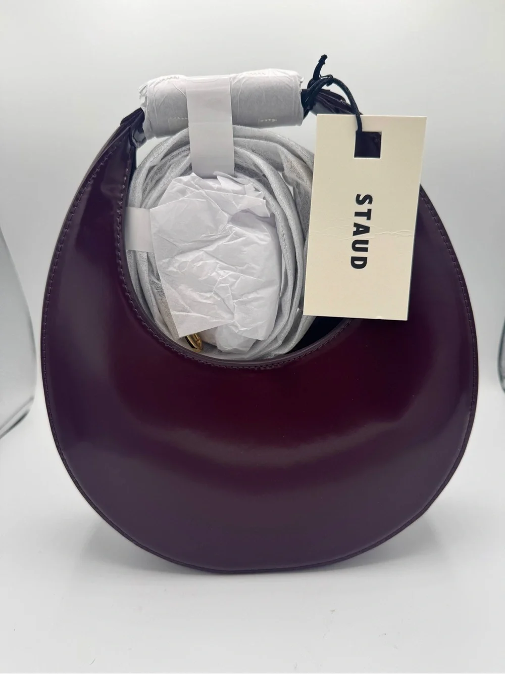 NWT Staud Mini Moon Purse in Syrah Burgundy Leather, Crossbody Bag , brand NEW - Picture 13 of 16